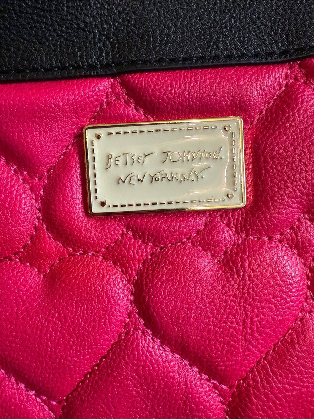 Betsey Johnson Quilted Pink Heart Tote Bag with Black and White Striped Sides - Picture 8 of 9